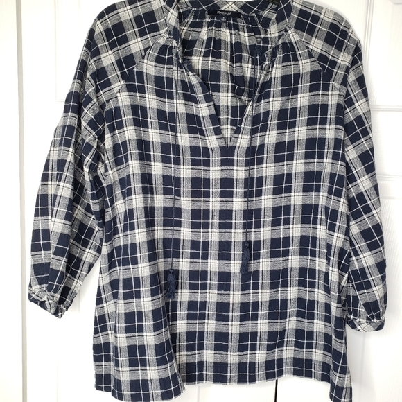 Madewell Camelia blue plaid popover tassel peasant top blouse size S. - Picture 1 of 7
